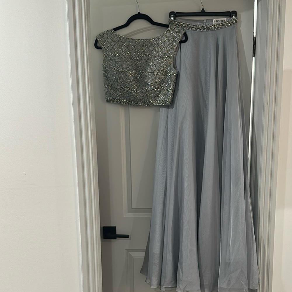 Sherri Hill Embellished Gray Two piece Evening Gown